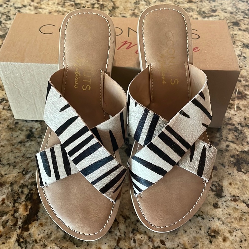 Coconuts Matisse black and white zebra cowhide sandals, 8m